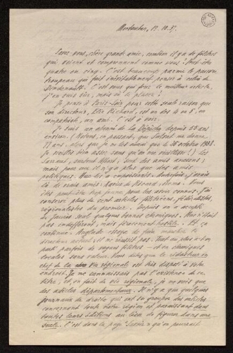 Lettre d'Antonin Perbosc à Louisa Paulin, le 19 octobre 1937