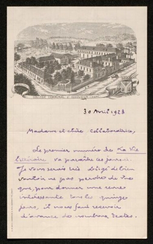 Lettre de Pierre Legrand (pour La Vie artistique et littéraire en province), le 30 avril 1928