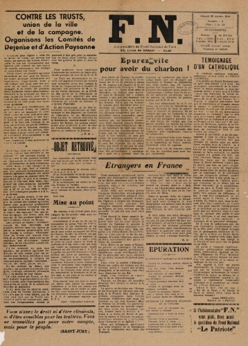 F.N. : hebdomadaire du Front national du Tarn, n°9, 28 octobre 1944