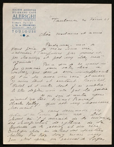 Lettre de Juliette Dissel à Louisa Paulin, le 20 février 1941