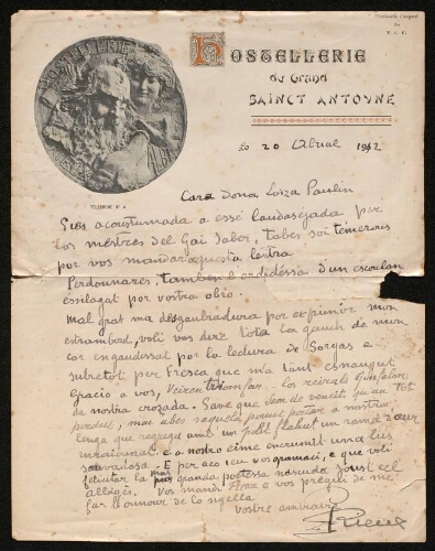 Lettre de J. Rieux à Louisa Paulin, le 20 avril 1942