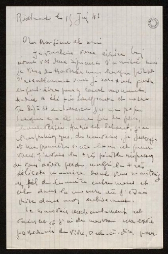 Lettre de Louisa Paulin à Charles Bellet, le 15 juin 1942