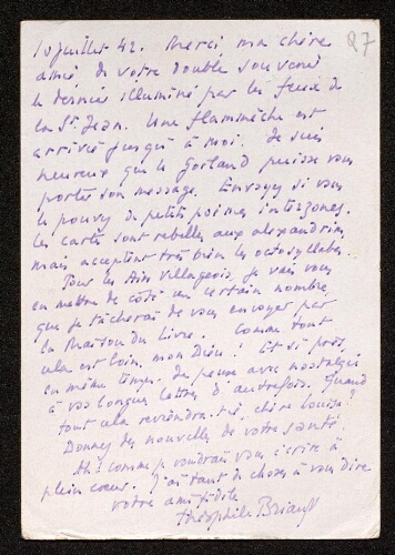 Lettre de Théophile Briant à Louisa Paulin, le 10 juillet 1942