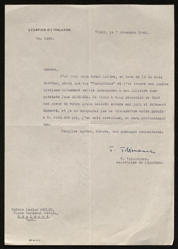 Lettre de Torsten Tikanvaara à Louisa Paulin, le 7 décembre 1942