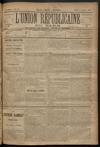 Union républicaine du Tarn (L’), 1 octobre 1889