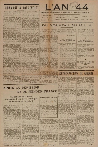 An 44 : organe départemental du mouvement de libération nationale (L'), n°23, 21 avril 1945
