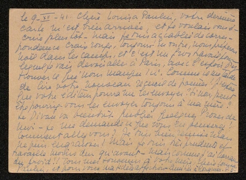 Lettre de Pascale Olivier à Louisa Paulin, le 9 décembre 1941