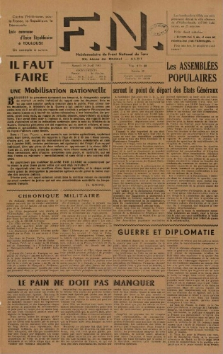F.N. : hebdomadaire du Front national du Tarn, n°33, 14 avril 1945