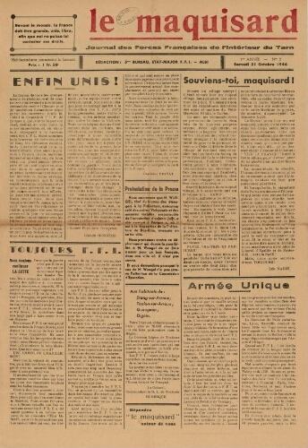 Maquisard : journal des Forces françaises de l'intérieur du Tarn (Le), n°2, 21 octobre 1944