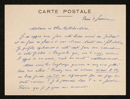 Lettre de Corymbe à Louisa Paulin, le 3 janvier 1938