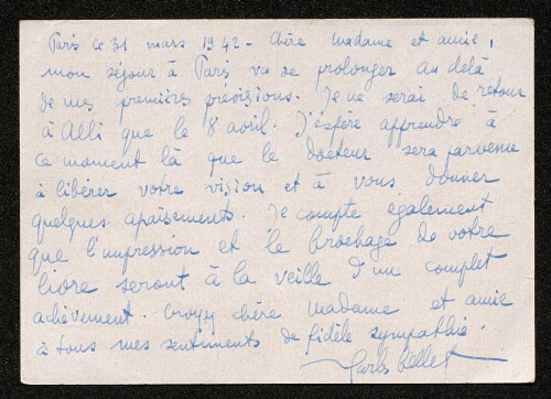 Lettre de Charles Bellet à Louisa Paulin, le 31 mars 1942