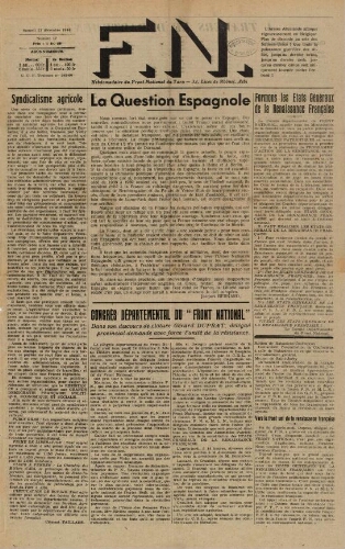F.N. : hebdomadaire du Front national du Tarn, n°17, 23 décembre 1944