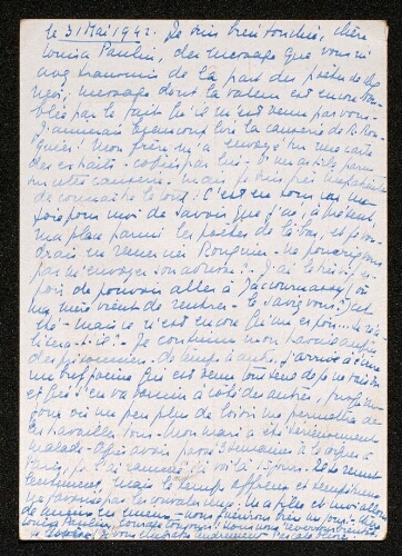 Lettre de Pascale Olivier à Louisa Paulin, le 31 mai 1942