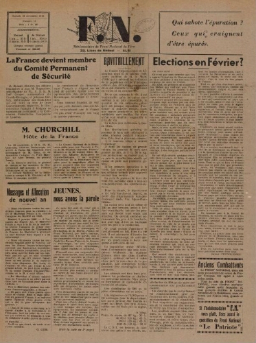 F.N. : hebdomadaire du Front national du Tarn, n°12, 18 novembre 1944