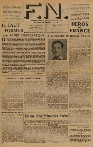 F.N. : hebdomadaire du Front national du Tarn, n°29, 17 mars 1945