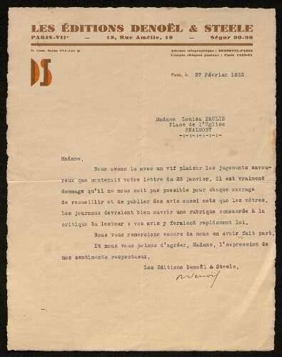 Lettre des Editions Denoël & Steele à Louisa Paulin, le 27 février 1933
