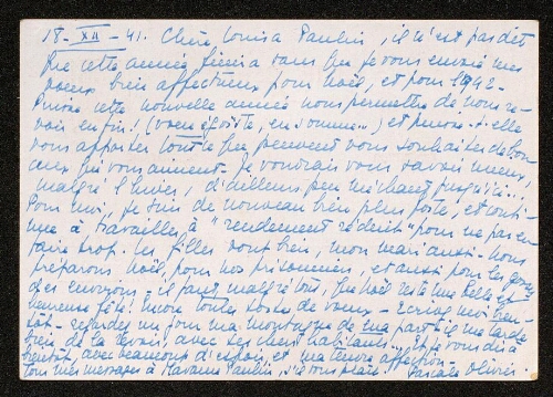 Lettre de Pascale Olivier à Louisa Paulin, le 18 décembre 1941