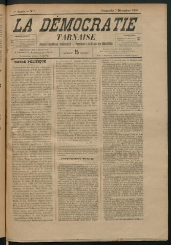 Démocratie tarnaise (La), 7 décembre 1890