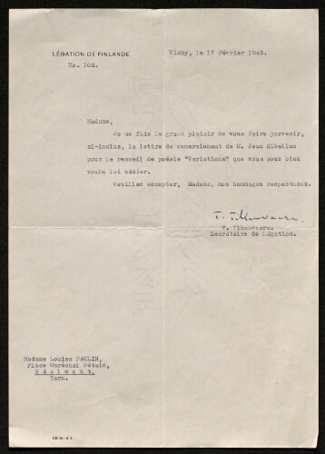 Lettre de Torsten Tikanvaara à Louisa Paulin, le 17 février 1943