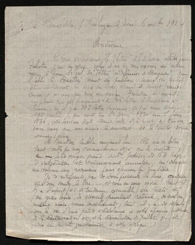 Lettre de Barthes à Louisa Paulin, le 6 novembre 1924