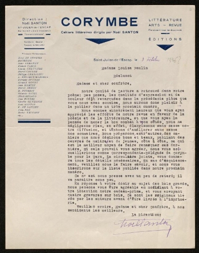 Lettre de Corymbe à Louisa Paulin, le 3 octobre 1935