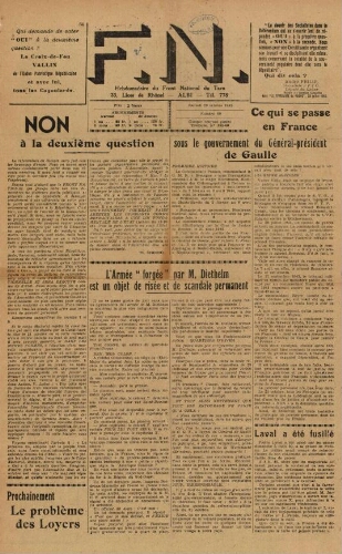 F.N. : hebdomadaire du Front national du Tarn, n°60, 20 octobre 1945