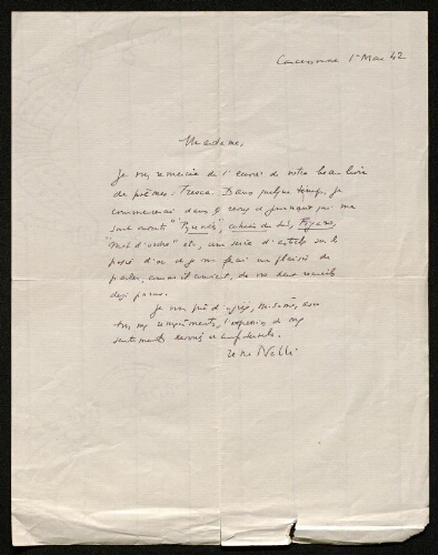 Lettre de René Nelli à Louisa Paulin, le 1er mai 1942