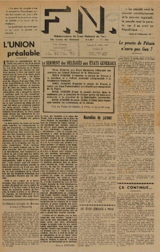 F.N. : hebdomadaire du Front national du Tarn, n°47, 21 juillet 1945
