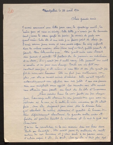 Lettre de René Rouquier à Louisa Paulin, le 24 avril 1940