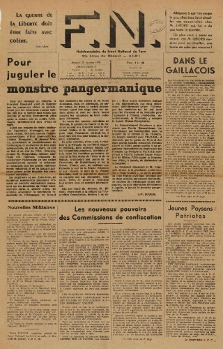 F.N. : hebdomadaire du Front national du Tarn, n°21, 20 janvier 1945