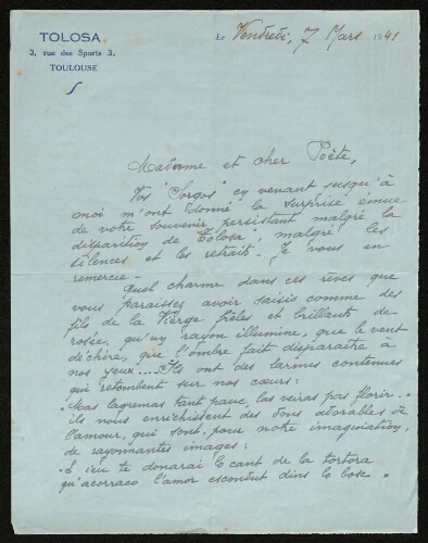 Lettre de Jeanne Marvig à Louisa Paulin, le 7 mars 1941