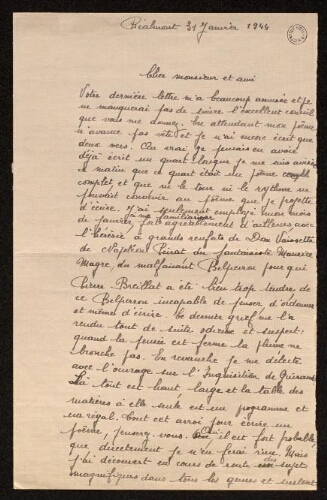 Lettre de Louisa Paulin à Charles Bellet, le 31 janvier 1944