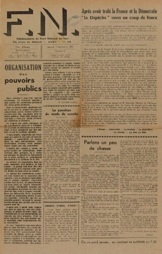 F.N. : hebdomadaire du Front national du Tarn, n°55, 15 septembre 1945