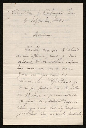 Lettre de Barthes à Louisa Paulin, le 5 septembre 1923