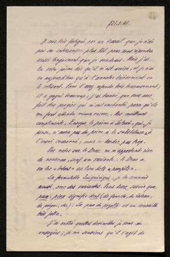 Lettre d'Antonin Perbosc à Louisa Paulin, le 21 mars 1941