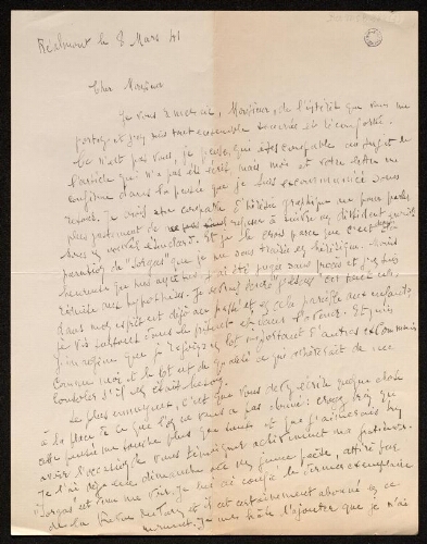 Lettre de Louisa Paulin à Charles Bellet, le 8 mars 1941
