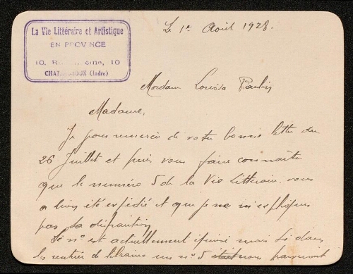 Lettre de La Vie artistique et littéraire en province à Louisa Paulin, le 1er août 1928