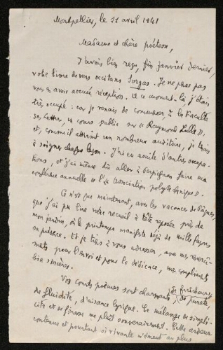 Lettre de Jean Amade à Louisa Paulin, le 11 avril 1941