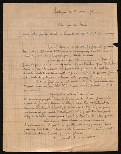 Lettre de René Rouquier à Louisa Paulin, le 1er mai 1942