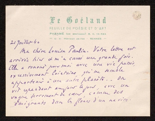 Lettre de Théophile Briant à Louisa Paulin, le 21 juillet 1940