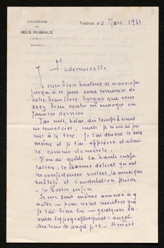Lettre de Rozès de Brousse à Louisa Paulin, le 2 mars 1941