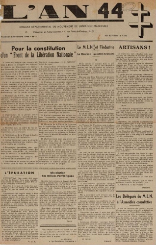 An 44 : organe départemental du mouvement de libération nationale (L'), n°2, 3 novembre 1944