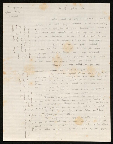 Lettre de Paul Gayraud à Louisa Paulin, le 27 juillet 1941