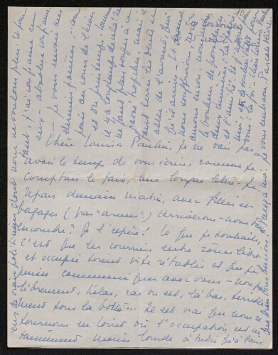 Lettre de Pascale Olivier à Louisa Paulin, le 15 août 1940