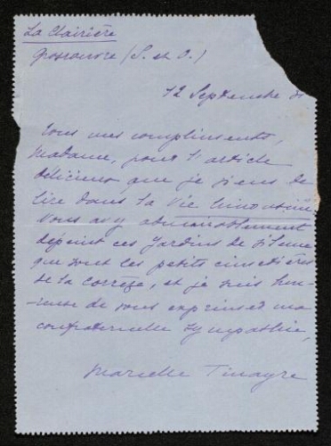 Lettre de Marcelle Tinayre à Louisa Paulin, le 12 septembre 1931