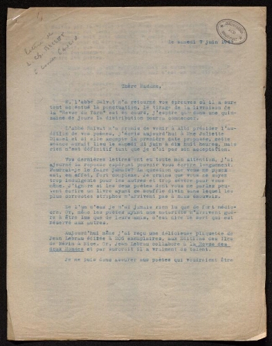 Lettre de Charles Bellet à Louisa Paulin, le 7 juin 1941