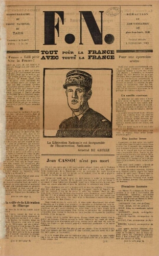 F.N. : hebdomadaire du Front national du Tarn, n°1, 4 septembre 1944