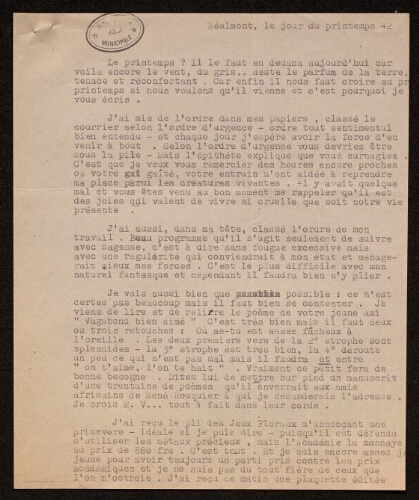 Lettre de Louisa Paulin à Hervé Quinté, le jour du printemps 1942