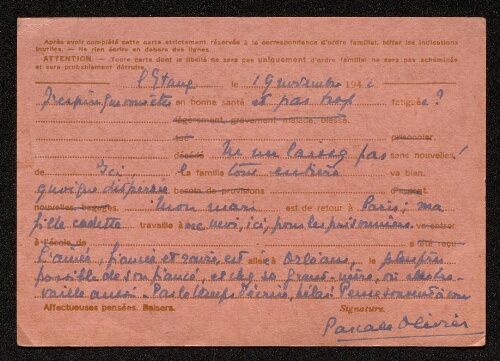 Lettre de Pascale Olivier à Louisa Paulin, le 19 novembre 1941