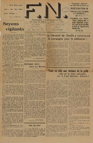 F.N. : hebdomadaire du Front national du Tarn, n°54, 8 septembre 1945